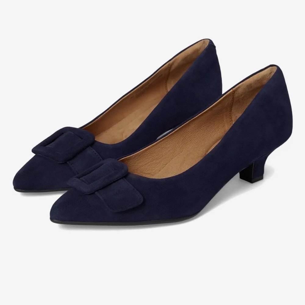 EUC Sofft Navy Suede Pointed Toe Low Block Heel Pumps with Buckle